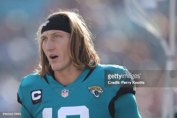 Trevor Lawrence of the Jacksonville Jaguars stands on the sideline during a game against the San Francisco 49ers at TIAA Bank Field on November 21,...