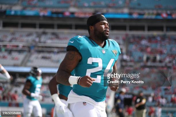 Carlos Hyde of the Jacksonville Jaguars runs on the field prior to the game against the San Francisco 49ers at TIAA Bank Field on November 21, 2021...