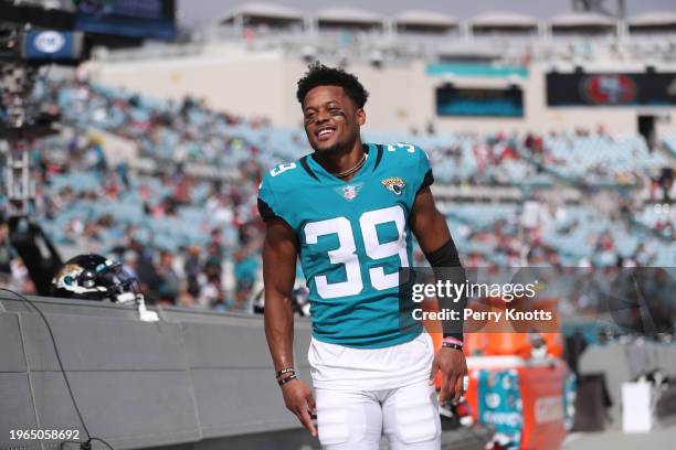 Jamal Agnew of the Jacksonville Jaguars stands on the sideline prior to the game against the San Francisco 49ers at TIAA Bank Field on November 21,...
