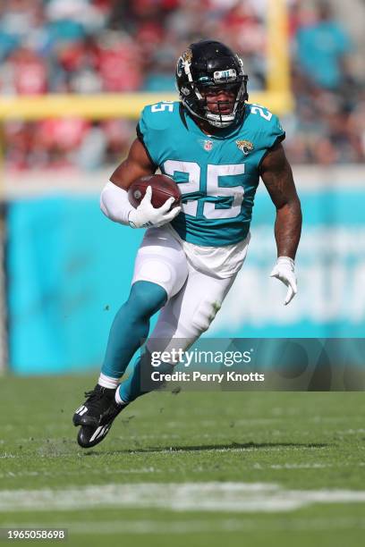 James Robinson of the Jacksonville Jaguars runs upfield during a game against the San Francisco 49ers at TIAA Bank Field on November 21, 2021 in...