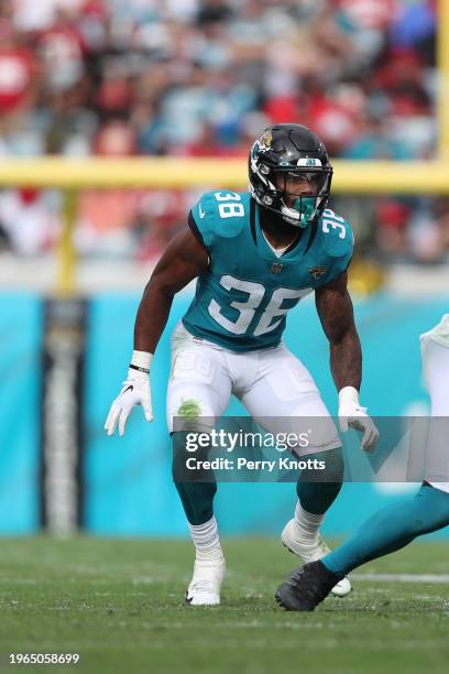 Andre Cisco of the Jacksonville Jaguars in coverage during a game against the San Francisco 49ers at TIAA Bank Field on November 21, 2021 in...