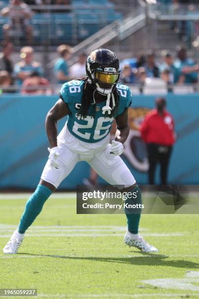 Shaquill Griffin of the Jacksonville Jaguars in coverage prior to the game against the San Francisco 49ers at TIAA Bank Field on November 21, 2021 in...