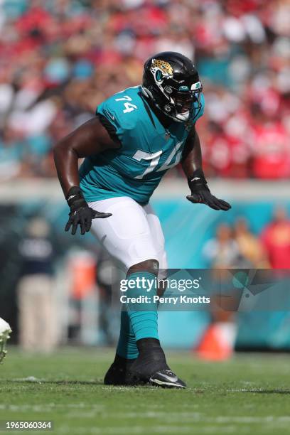 Cam Robinson of the Jacksonville Jaguars makes a move to block on the line of scrimmage during a game against the San Francisco 49ers at TIAA Bank...