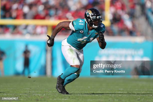 Josh Allen of the Jacksonville Jaguars in coverage during a game against the San Francisco 49ers at TIAA Bank Field on November 21, 2021 in...