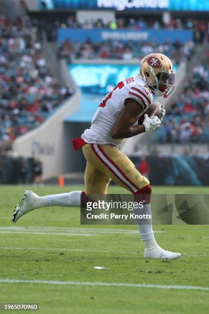 Jauan Jennings of the San Francisco 49ers runs upfield during a game against the Jacksonville Jaguars at TIAA Bank Field on November 21, 2021 in...