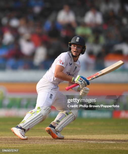 Ollie Pope of England hits a four during day three of the 1st Test Match between India and England at Rajiv Gandhi International Stadium on January...