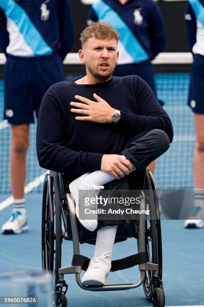 Dylan Alcott attends the trophy presentation ceremony after the Men's Wheelchair Singles Final match between Tokito Oda of Japan and Alfie Hewett of...