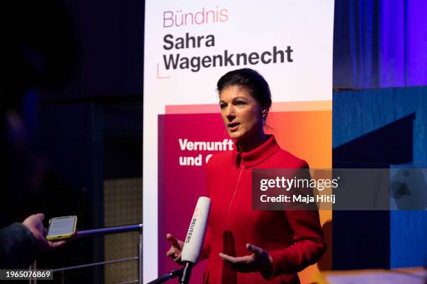 German left-wing politician and BSW co-chair Sahra Wagenknecht gives an interview at the first party congress of the new Sahra Wagenknecht Alliance -...