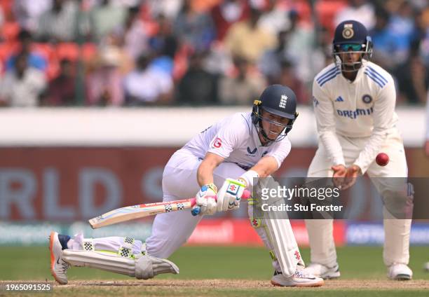 England batsman Ollie Pope plays a reverse sweep during day three of the 1st Test Match between India and England at Rajiv Gandhi International...