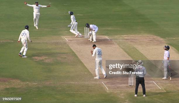 England batsmen Ben Foakes is bowled by Axar Patel during day three of the 1st Test Match between India and England at Rajiv Gandhi International...