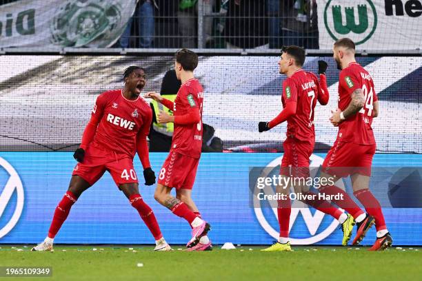 Faride Alidou of 1.FC Köln celebrates after scoring their sides first goal during the Bundesliga match between VfL Wolfsburg and 1. FC Köln at...