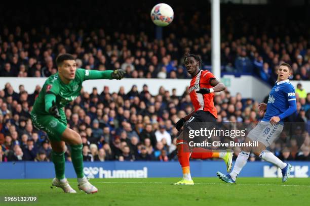 Elijah Adebayo of Luton Town shoots during the Emirates FA Cup Fourth Round match between Liverpool and Norwich City at Goodison Park on January 27,...