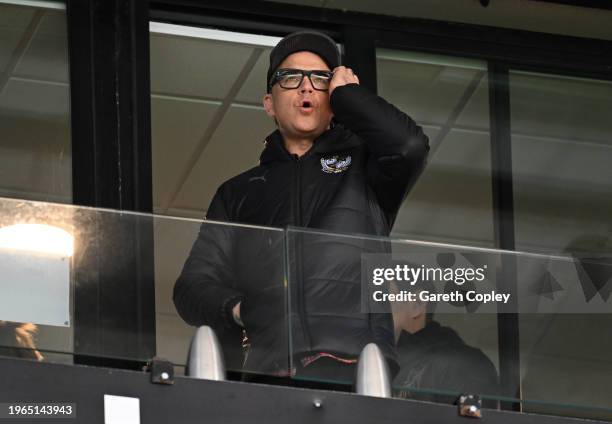 New Port Vale President and Pop Star Robbie Williams watches play during the Sky Bet League One match between Port Vale and Portsmouth at Vale Park...