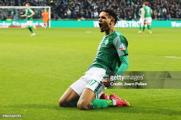 Justin Njinmah of Werder Bremen celebrates after scoring the team's second goal during the Bundesliga match between SV Werder Bremen and Sport-Club...