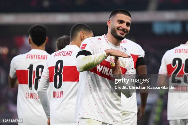 Deniz Undav of VfB Stuttgart celebrates after scoring the team's fourth goal during the Bundesliga match between VfB Stuttgart and RB Leipzig at...