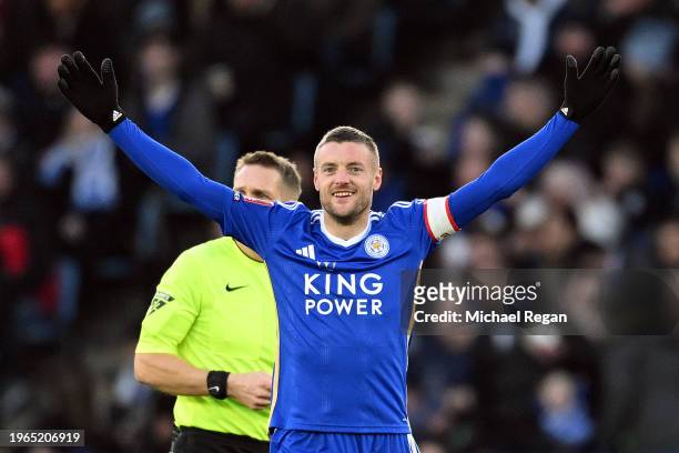 Jamie Vardy of Leicester City celebrates scoring his team's first goal during the Emirates FA Cup Fourth Round match between Leicester City and...