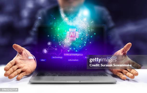 internet technology and people's networks use ai to help with work, ai learning or artificial intelligence in business and modern technology, ai technology in everyday life. - inteligencia artificial imagens e fotografias de stock