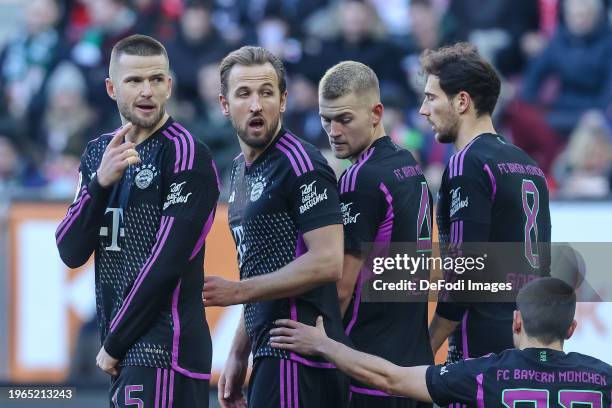 Eric Dier of Bayern Muenchen, Harry Kane of Bayern Muenchen and Matthijs de Ligt of Bayern Muenchen look on during the Bundesliga match between FC...