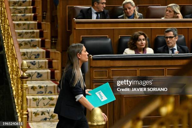 Catalan separatist party Junts per Catalunya MP Miriam Nogueras leaves after delivering a speech during a plenary session before a vote on the...