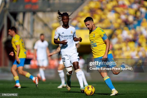 Kirian Rodriguez of UD Las Palmas and Eduardo Camavinga of Real Madrid in action during the Spanish league, La Liga EA Sports, football match played...