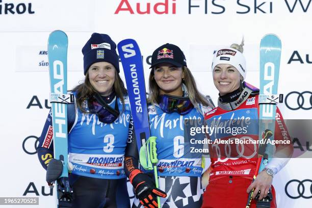 Sara Hector of Team Sweden, Alice Robinson of Team New Zealand take 2nd place, Lara Gut-behrami of Team Switzerland takes 1st place during the Audi...