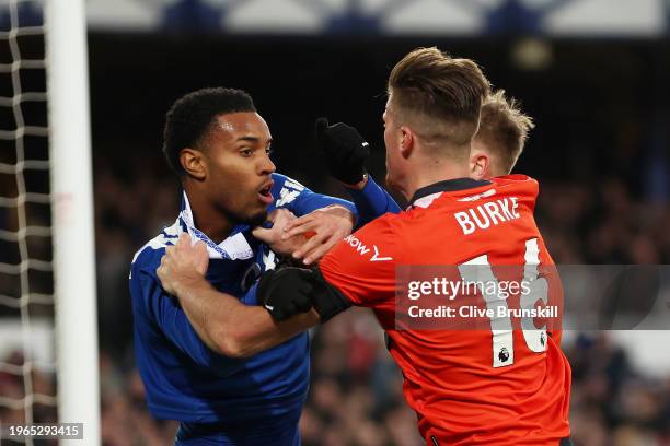 Youssef Chermiti of Everton clashes with Reece Burke of Luton Town during the Emirates FA Cup Fourth Round match between Liverpool and Norwich City...