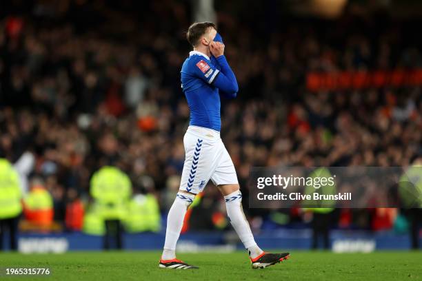 Nathan Patterson of Everton looks dejected following their sides defeat following the Emirates FA Cup Fourth Round match between Liverpool and...