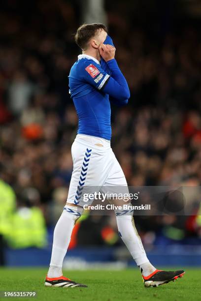 Nathan Patterson of Everton looks dejected following their sides defeat following the Emirates FA Cup Fourth Round match between Liverpool and...