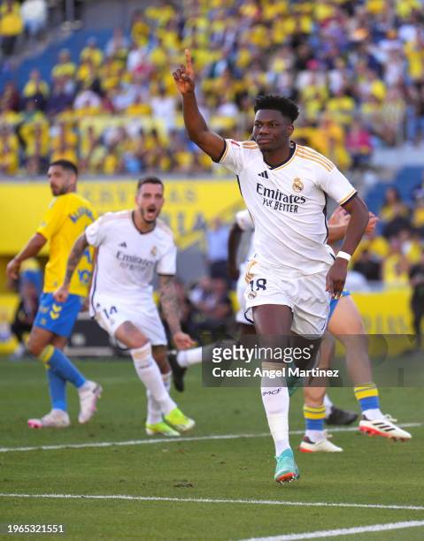Aurelien Tchouameni of Real Madrid celebrates after scoring their sides second goal during the LaLiga EA Sports match between UD Las Palmas and Real...