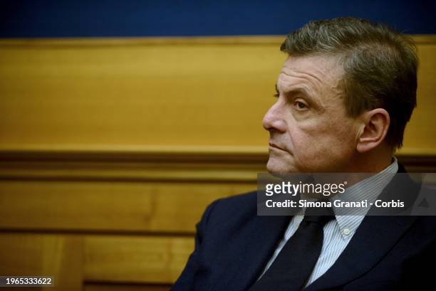 Secretary of Azione Carlo Calenda holds a press conference in the Chamber of Deputies entitled 'Our results on justice and a bill on lobbying and...