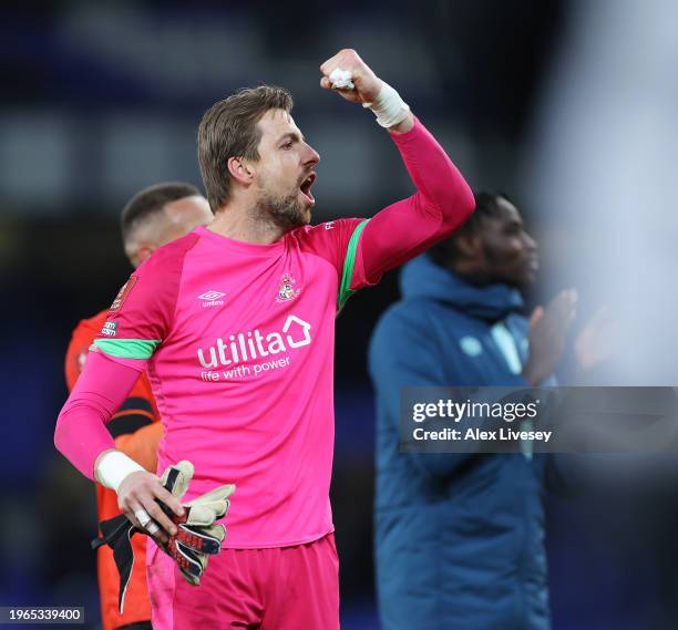 Tim Krul of Luton Town celebrates after the team's victory in the Emirates FA Cup Fourth Round match between Everton and Luton Town at Goodison Park...