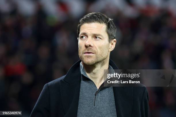 Xabi Alonso, Head Coach of Bayer Leverkusen, looks on prior to the Bundesliga match between Bayer 04 Leverkusen and Borussia Mönchengladbach at...