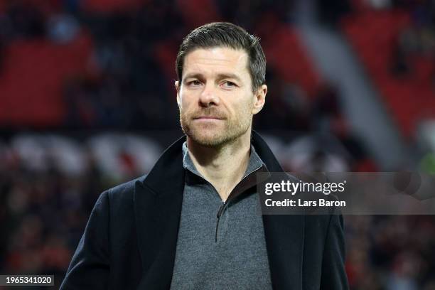 Xabi Alonso, Head Coach of Bayer Leverkusen, looks on prior to the Bundesliga match between Bayer 04 Leverkusen and Borussia Mönchengladbach at...