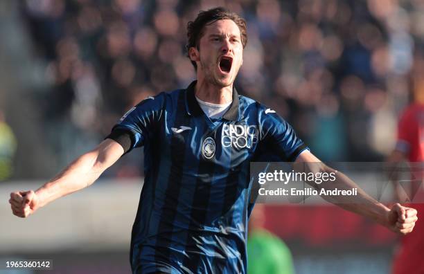 Aleksej Miranchuk of Atalanta BC celebrates after scoring the team's first goal during the Serie A TIM match between Atalanta BC and Udinese Calcio...