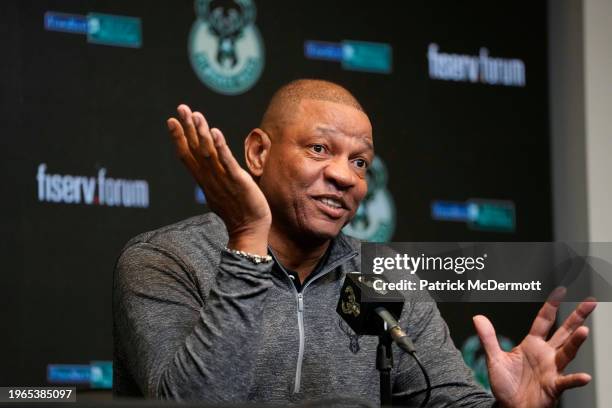 New head coach Doc Rivers of the Milwaukee Bucks is introduced during a press conference at Fiserv Forum on January 27, 2024 in Milwaukee, Wisconsin....