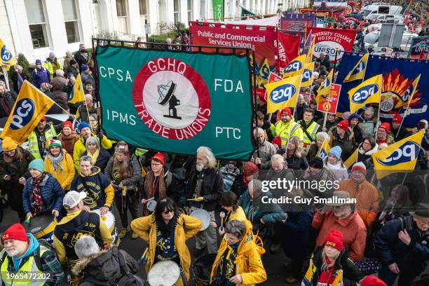 Thousands of Trade unionists march through Cheltenham against laws restricting the right to strike on January 27, 2024 in Cheltenham, England. The...