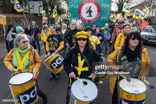 Thousands of Trade unionists march through Cheltenham against laws restricting the right to strike on January 27, 2024 in Cheltenham, England. The...