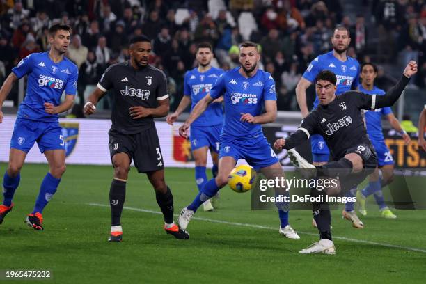 Dusan Vlahovic of Juventus FC scores his team's first goal during the Serie A TIM match between Juventus and Empoli FC on January 27, 2024 in Turin,...