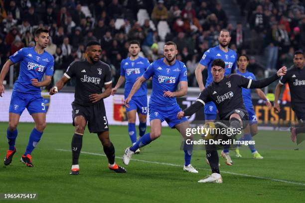 Dusan Vlahovic of Juventus FC scores his team's first goal during the Serie A TIM match between Juventus and Empoli FC on January 27, 2024 in Turin,...