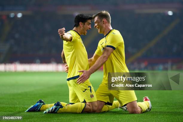 Gerard Moreno of Villarreal CF celebrates with his teammate Alexander Sorloth after scoring their team's first goal during the LaLiga EA Sports match...