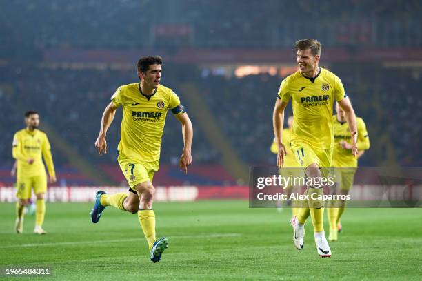 Gerard Moreno of Villarreal CF celebrates with his teammate Alexander Sorloth after scoring their team's frst goal during the LaLiga EA Sports match...