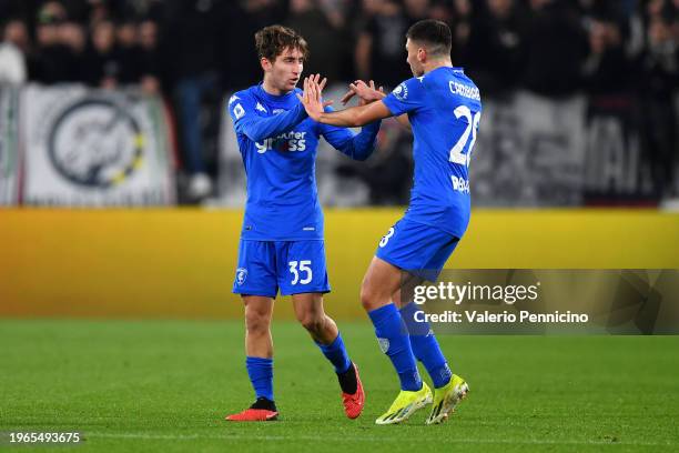 Tommaso Baldanzi of Empoli FC celebrates with team mate Nicolo Cambiaghi of Empoli FC after scoring their sides first goal during the Serie A TIM...