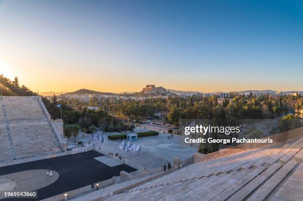 panathinaic stadium and the acropolis of athens, greece - 1896 summer olympics athens stock pictures, royalty-free photos & images