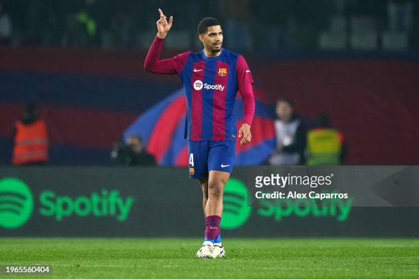 Ronald Araujo of FC Barcelona celebrates as Eric Bailly of Villarreal CF scores an own-goal during the LaLiga EA Sports match between FC Barcelona...