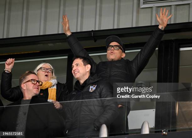 New Port Vale President and Pop Star Robbie Williams watches play during the Sky Bet League One match between Port Vale and Portsmouth at Vale Park...