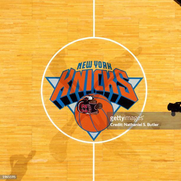 Overhead view of Michael Jordan of the Chicago Bulls as he takes a rest at centercourt against the New York Knicks during the NBA game at Madison...