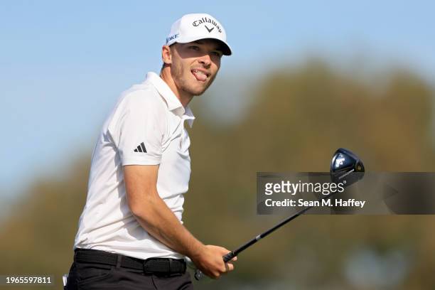 Nicolai Hojgaard of Denmark follows his shot from the second tee during the final round of the Farmers Insurance Open at Torrey Pines South Course on...
