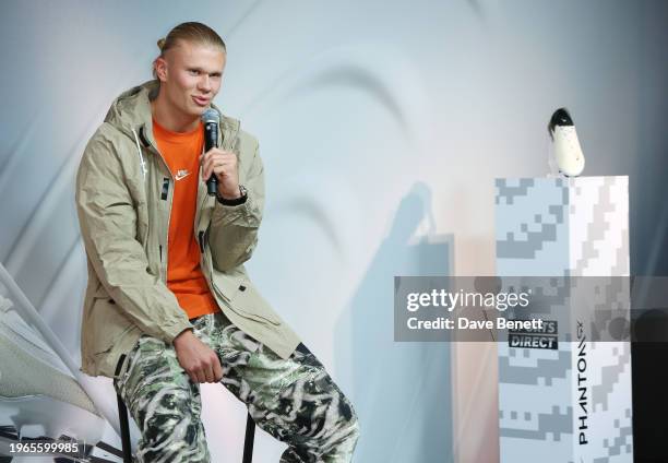In this image released on January 30th, Manchester City footballer Erling Haaland speaks on stage at Sports Direct's Nike Phantom Boot Pack launch at...
