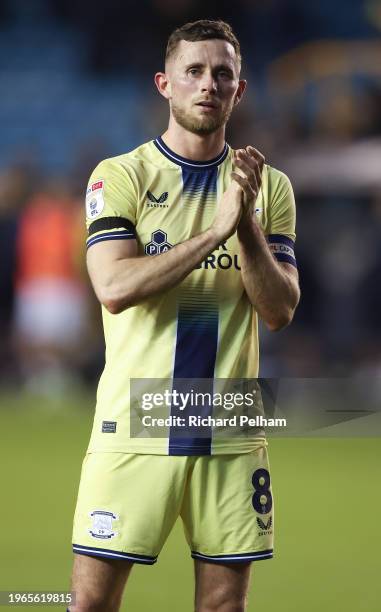 Alan Browne of Preston North End aplauds during the Sky Bet Championship match between Millwall and Preston North End at The Den on January 27, 2024...