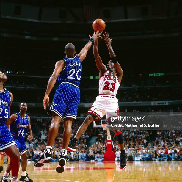 Michael Jordan of the Chicago Bulls shoots a jump shot against the Orlando Magic in Game two of the Eastern Conference Finals during the 1996 NBA...